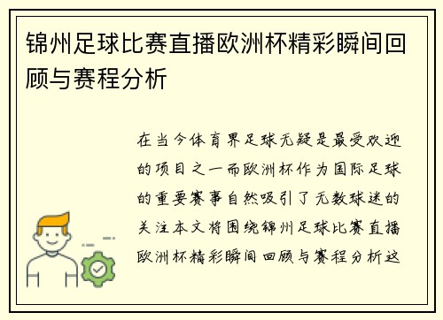 锦州足球比赛直播欧洲杯精彩瞬间回顾与赛程分析